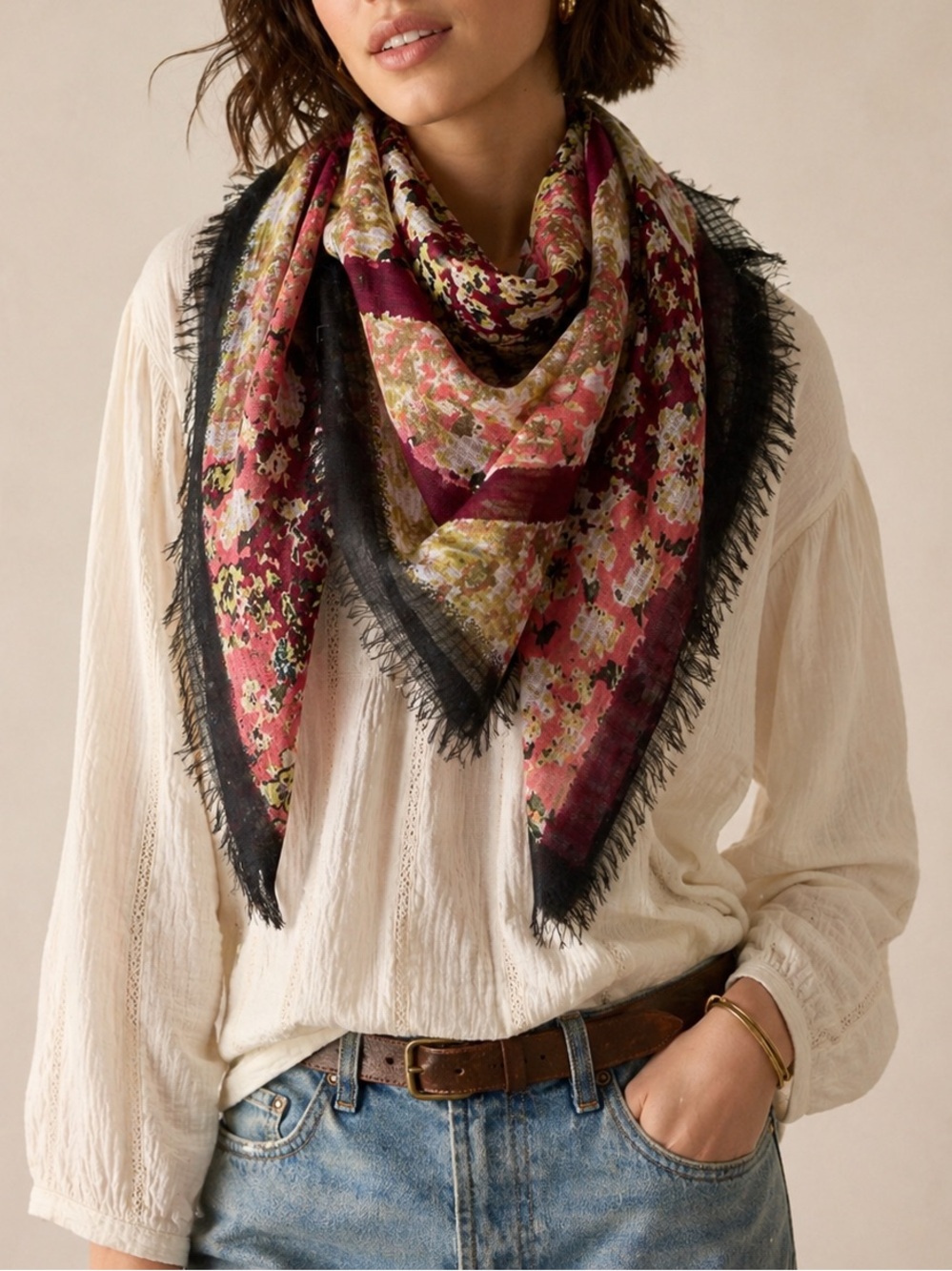 J. Jill Floral Gauze Scarf Black Fringe Boho Square Lightweight Wrap Cottagecore